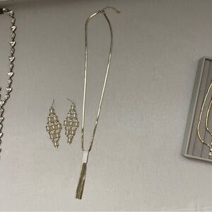 Gold Minimalist Necklace + Art Deco Earrings Set